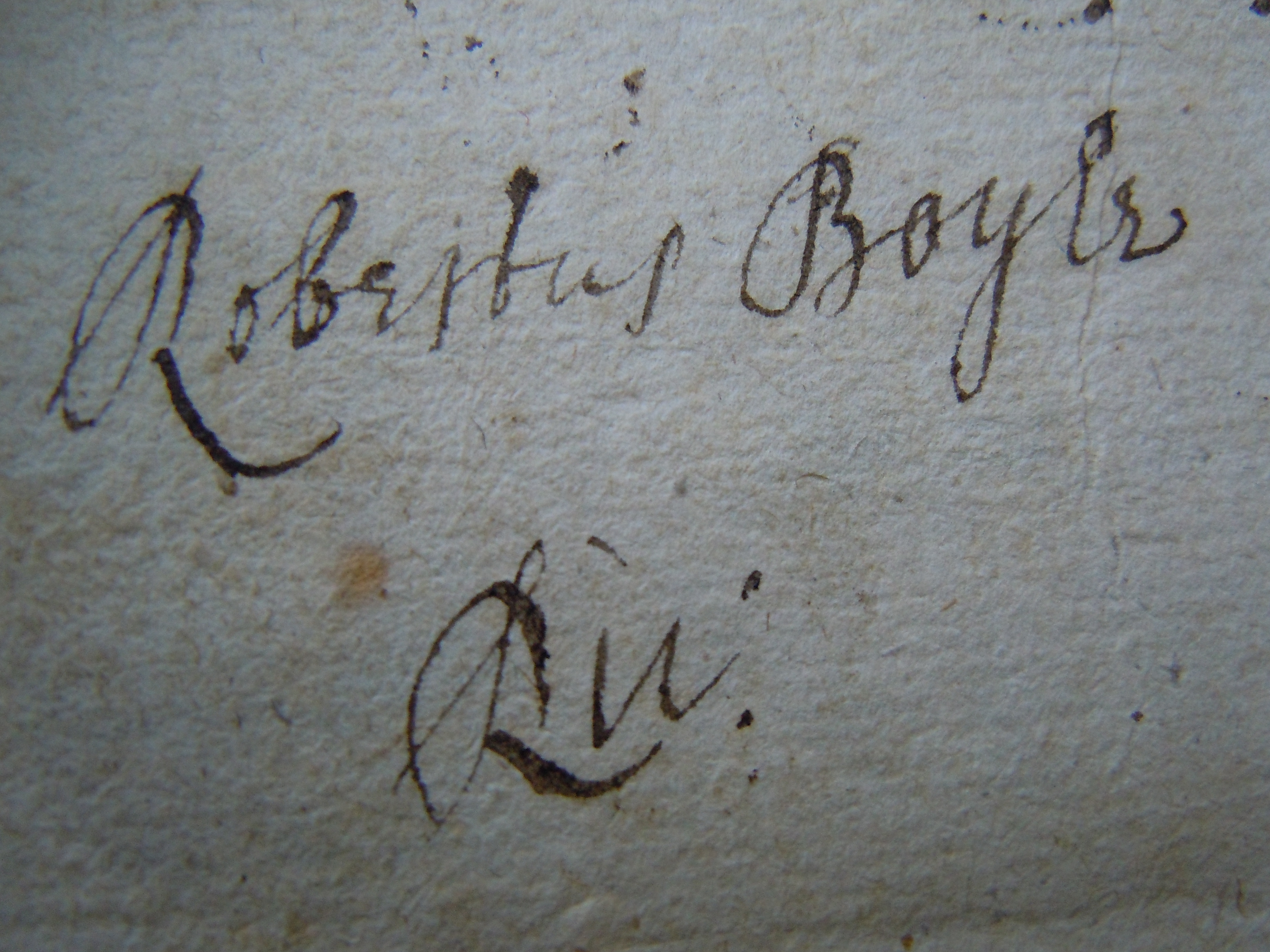 BT3.247.18, end flyleaf verso,  Robert Boyle鈥檚 signature, Robert Boyle鈥檚 Nova experimenta physico-mechanica de vi aeris elastica (1661)