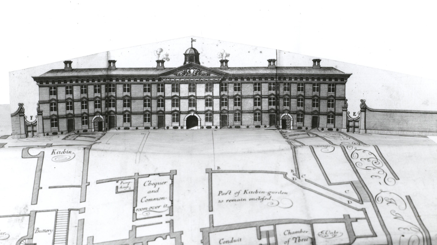 NCA 1682, Michael Burghers's plan with elevation flap covering proposed east range (never built), c. 1680