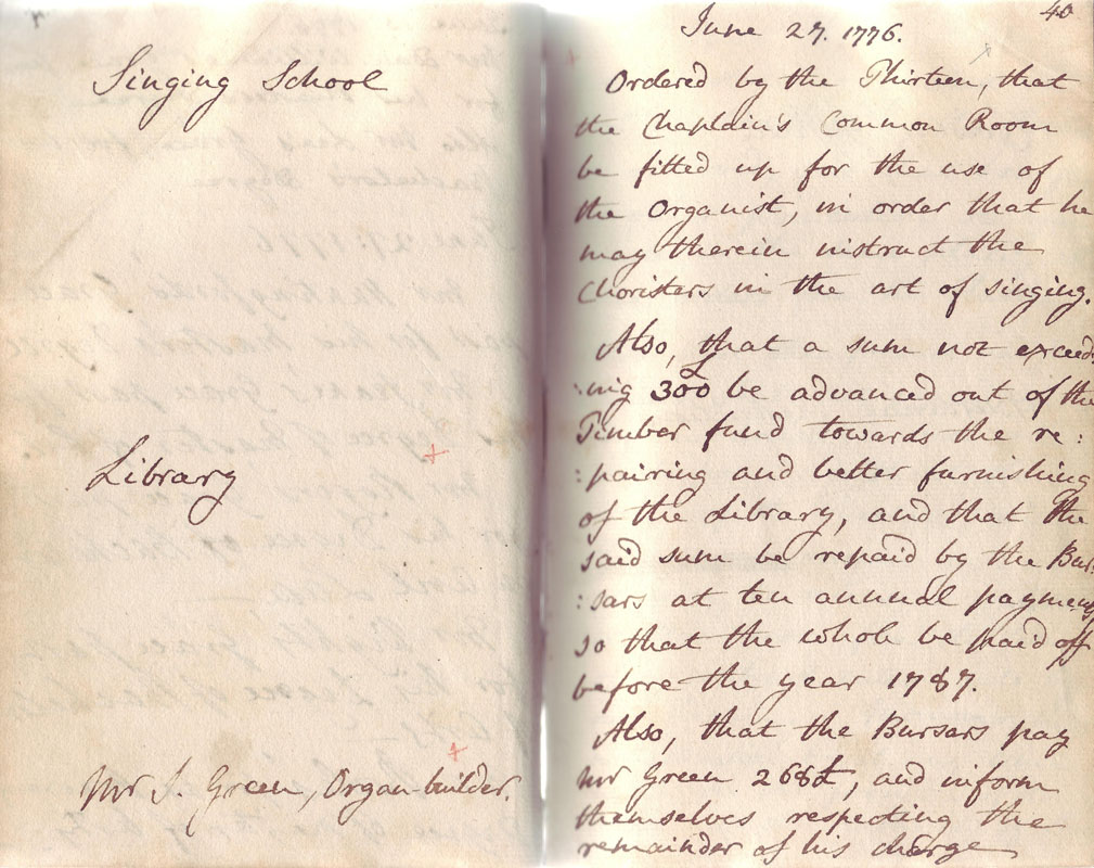 NCA 960, Orders of the Warden and Thirteen concerning Song Room, Library, organ, 27 June 1776