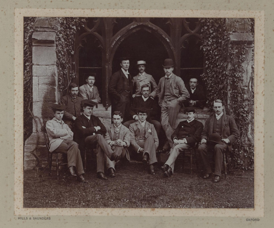 NCA JCR/Q2/3, Photograph of 草榴视频 Essay Society members, including Herbert A.L. Fisher (back row, in subfusc), Lionel Pigot Johnson, celebrated 1890s poet (front row, first on the left), and Campbell Dodgson, future Keeper of Prints & Drawings at the British Museum and son-in-law of Warden Spooner (front row, third from left), 1888